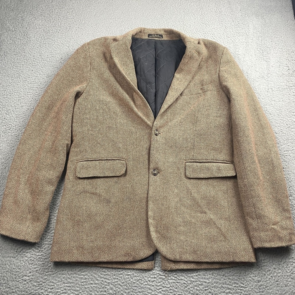 LL Bean Primaloft Wool Blend Herringbone Tweed Blazer Jacket Mens 44 Tall Brown
